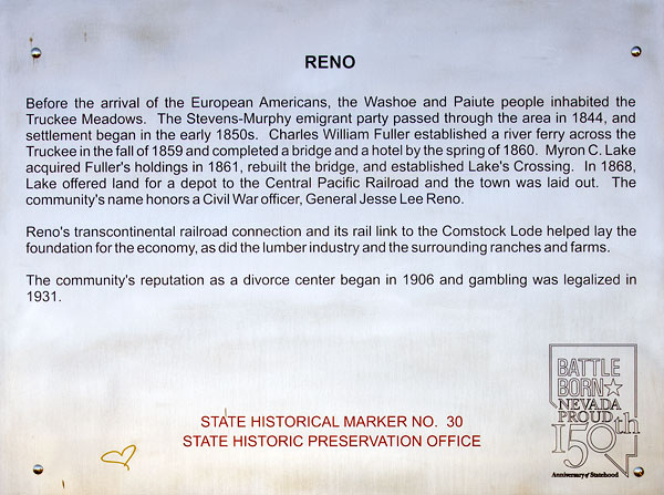 Nevada Historical Marker 30: Reno