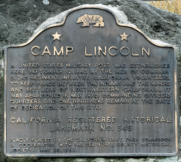California Historical Landmark 545: Camp Lincoln Site Near Crescent City, California