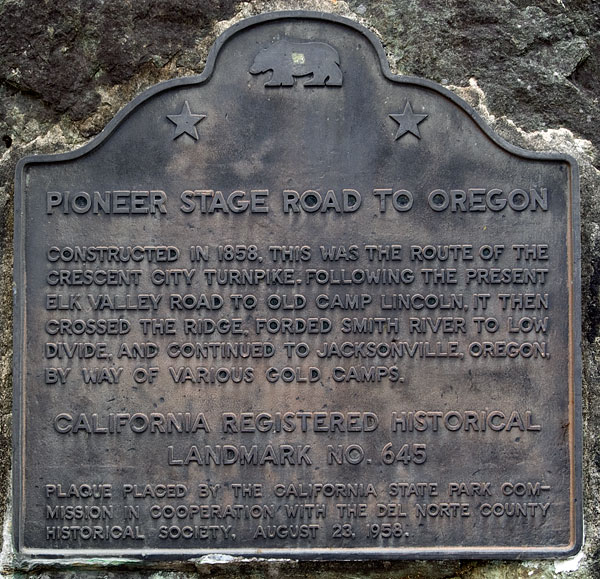California Historical Landmark 645: Pioneer Stage Road to Oregon Near Crescent City, California