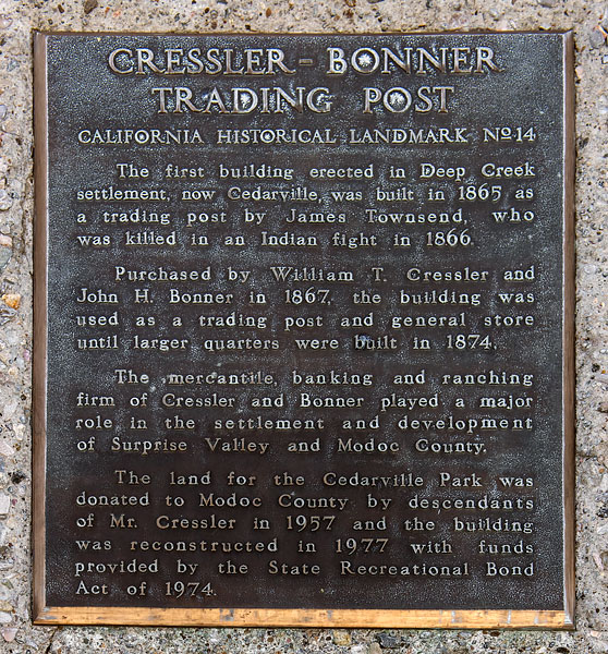 California Historical Landmark #14: Cressler and Bonner Trading Post in Cederville, California