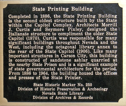 Nevada Historic Marker 250: State Printing Building in Carson City