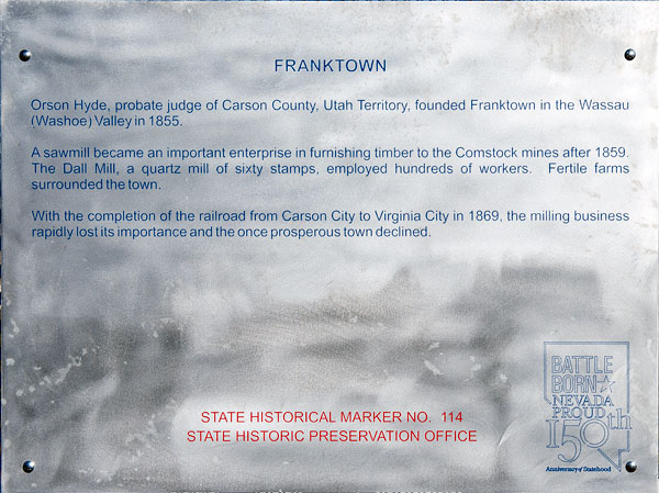Nevada Historical Marker 114: Franktown in the Washioe Valley