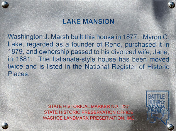 Nevada Historical Marker 227: Lake Mansion in Reno