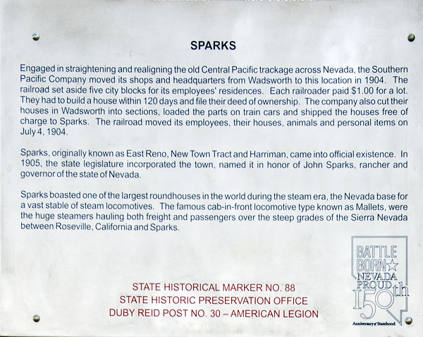 Nevada Historical Marker 88: Sparks