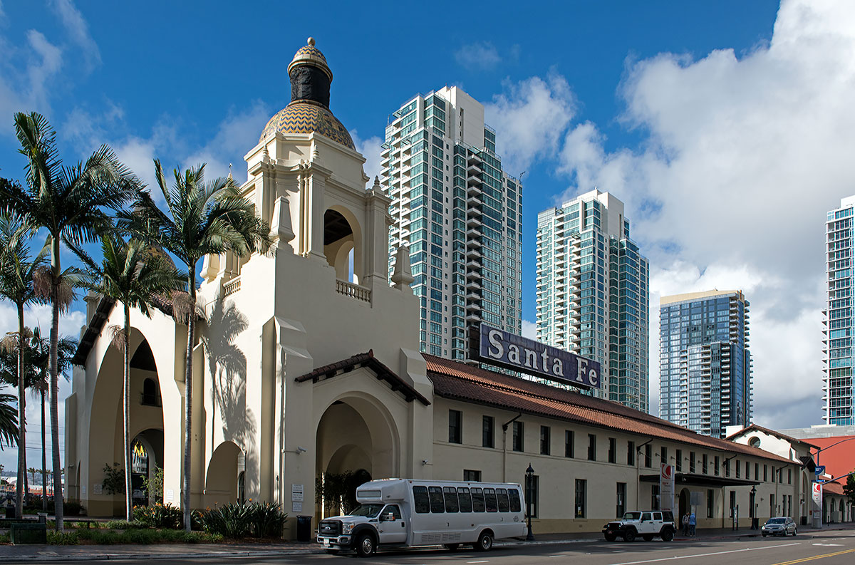The Santa Fe Depot in San Diego was designed by Bakewell & Brown and built in 1915.