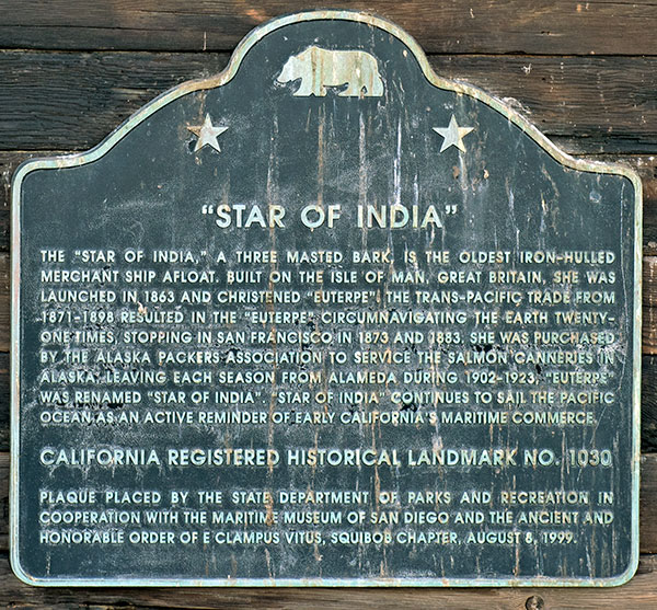 California Historical Landmark 1030: Star of India in San Diego Harbor