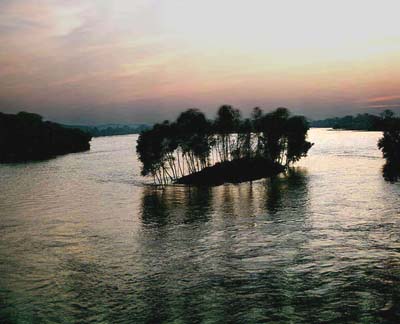 View of the Loire River at twilight from the bridge at Amboise